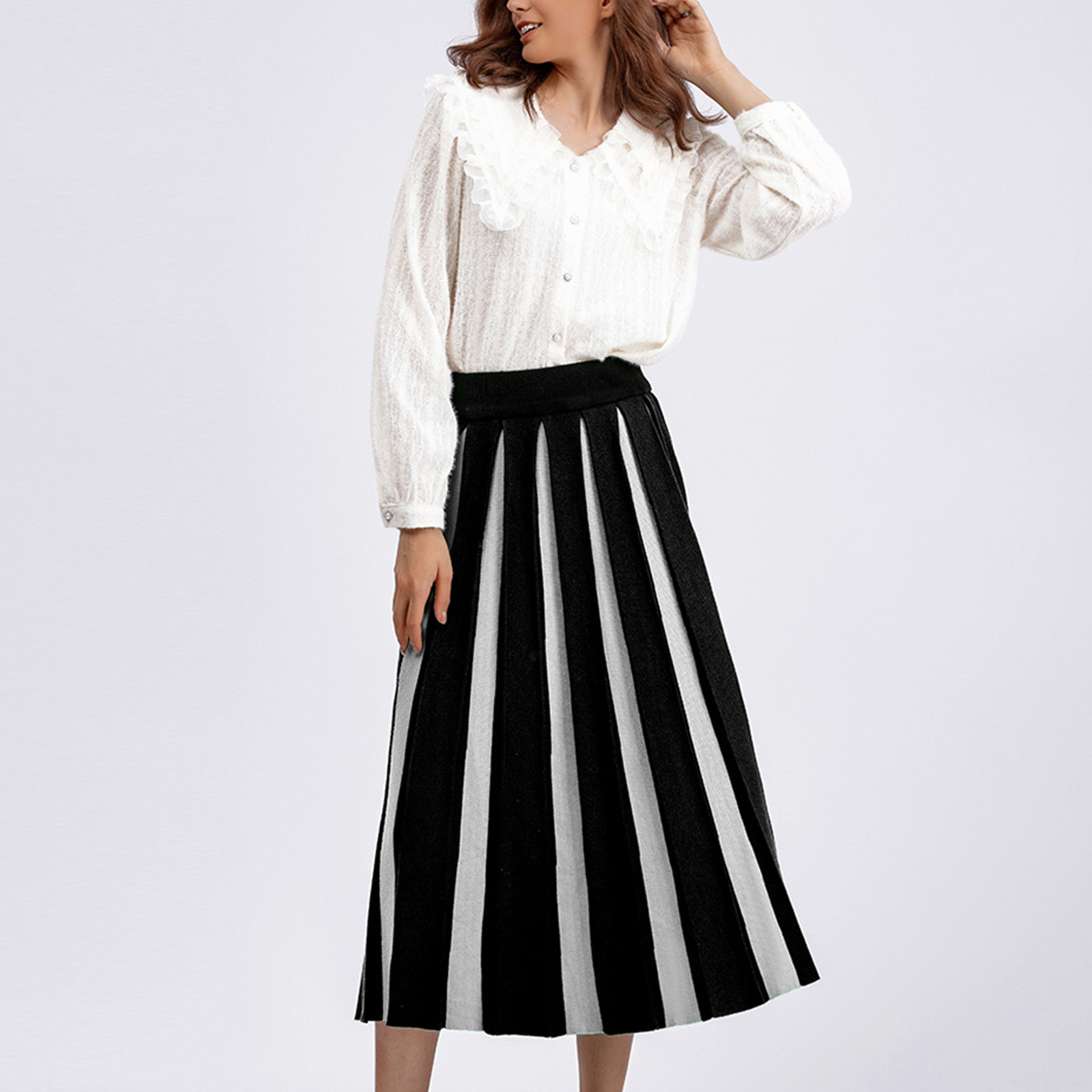 Dwaogom Women's Retro Knitted Half-length Skirt Women's High Waist Slimming Age-Reducing Splicing Mid-Length Pleated Skirt Track Jacket Women Long Sleeve Fall Fashion Clothes